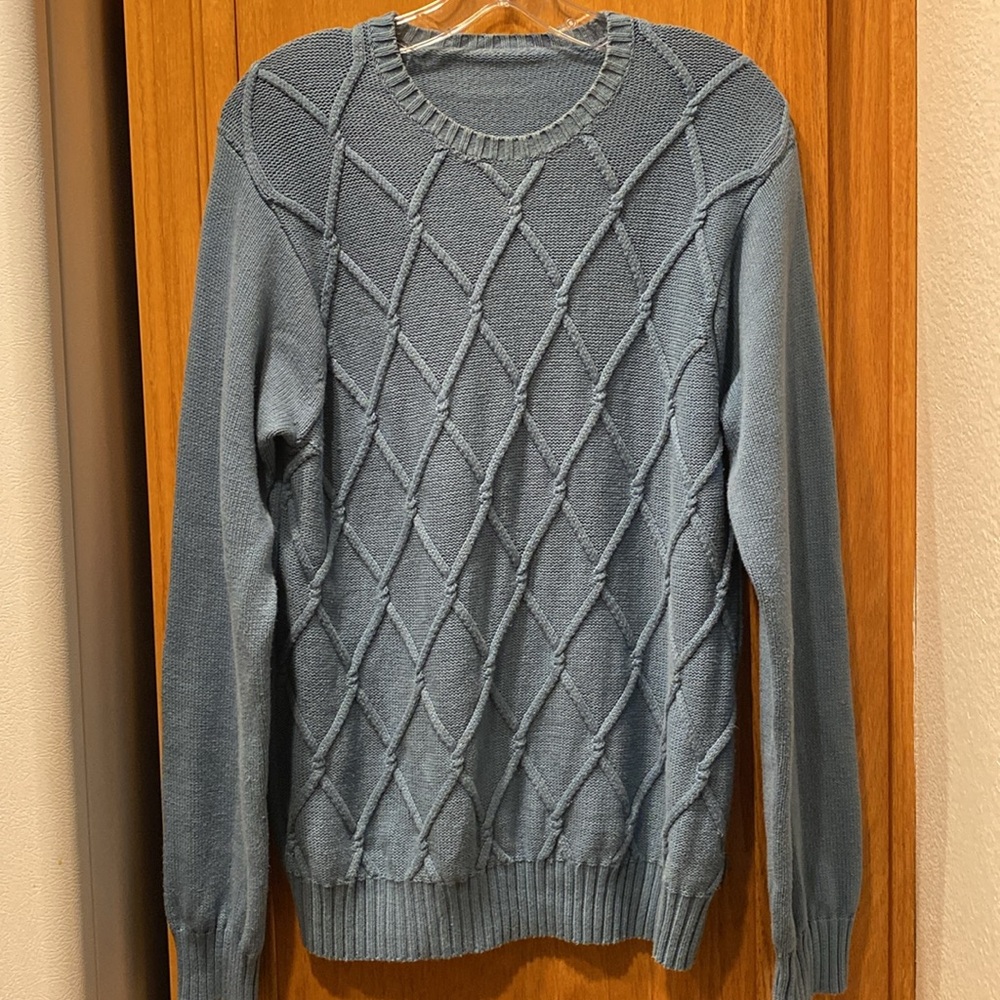 Classic Bainbridge Blue Diamond Cable Knit Pullover Crewneck Sweater Size L